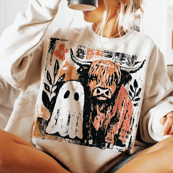 Cute fall highland cow ghost Long Sleeve