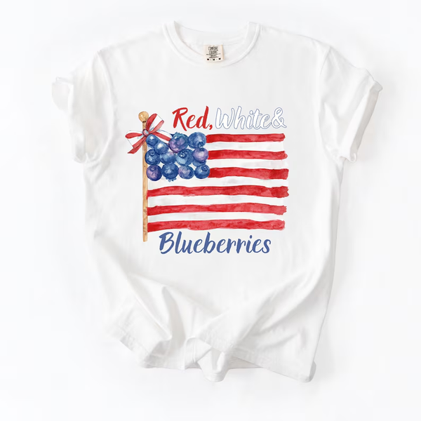 Red White & Blueberries Coquette Flag Print Crew Neck T-shirt