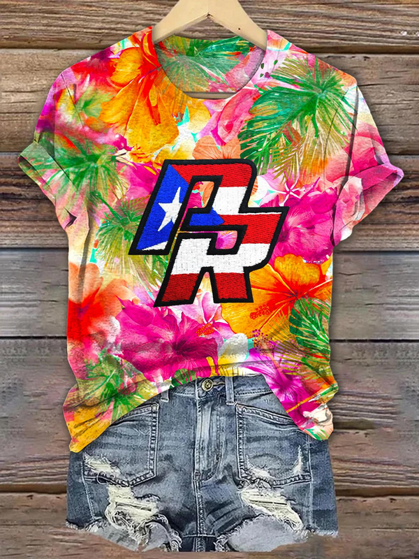 Puerto Rican Floral Print Crew Neck T-shirt