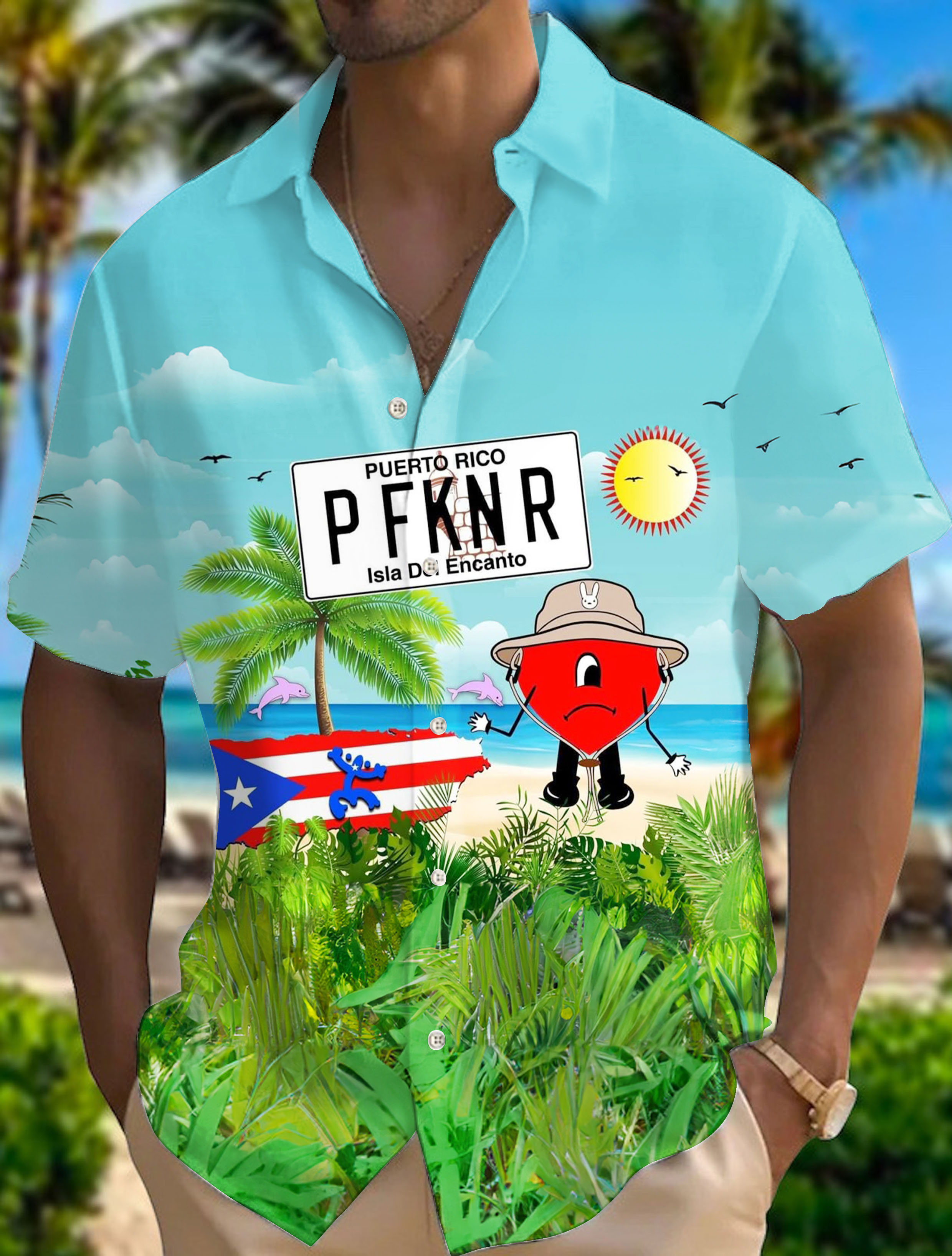Puerto Rico Fun Print Men's Pocket Short Sleeve Shirt (Best Seller)