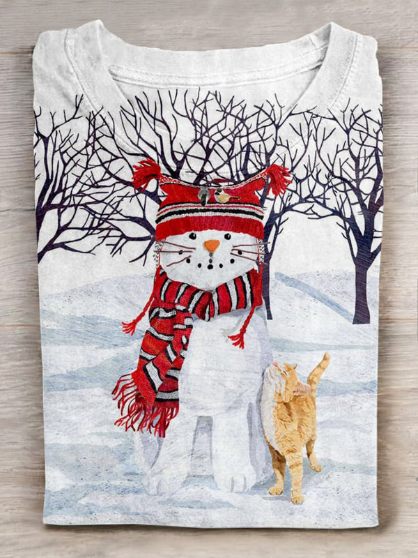 Christmas Snowman And The Cat Art Print T-shirt