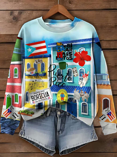 Puerto Rico Color-Block Printed Long Sleeve Casual Top