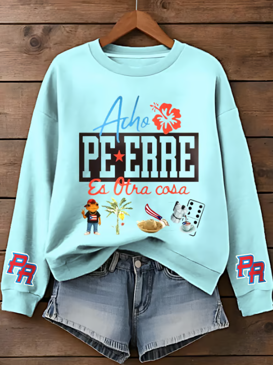 Puerto Rico Color Leisure Printed Long Sleeve Casual Top