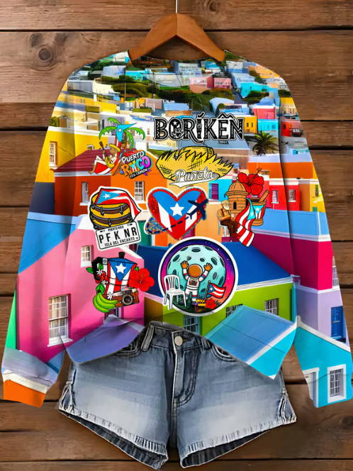 Bad Bunny Dtmf Puerto Rico Color-Block Printed Long Sleeve Casual Top