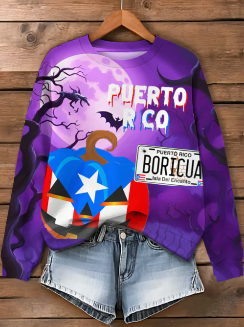 Puerto Rico Halloween Printed Long Sleeve Casual Top