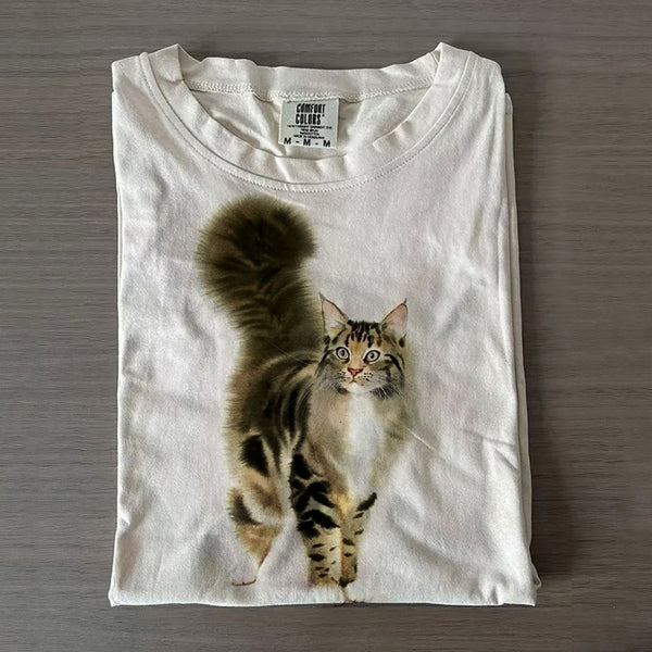 Vintage Cat Art Print Casaul Short Sleeve T-shirt