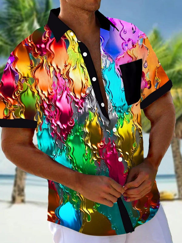 Vibrant Fluid Art Abstract Men's Pocket Short Sleeve Shirts