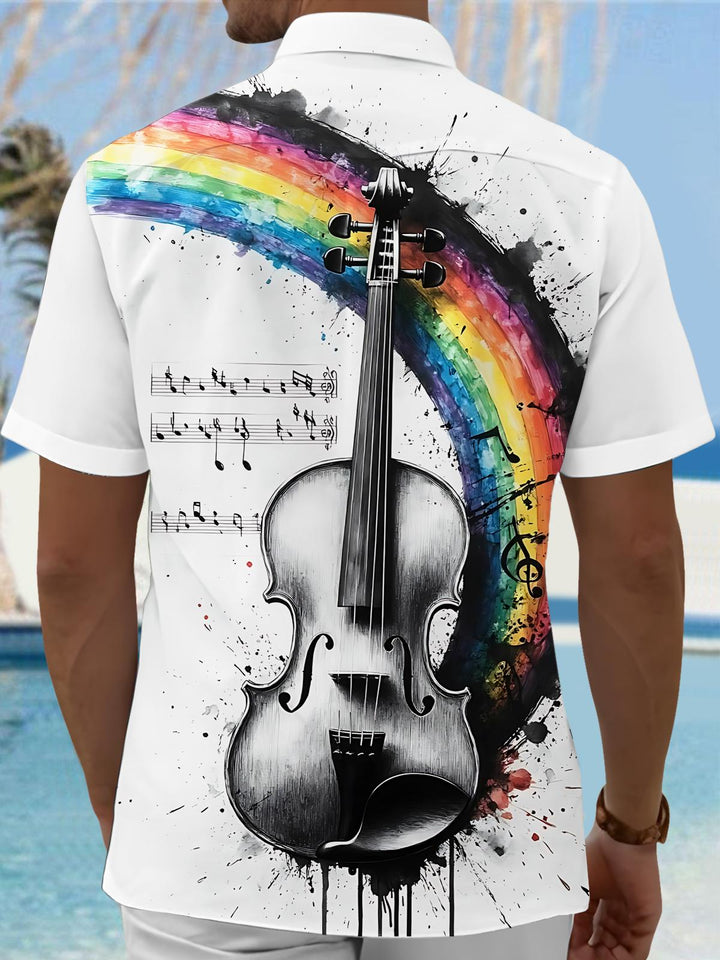 Violin Rainbow Note Print Men's Pocket Short Sleeve Shirts