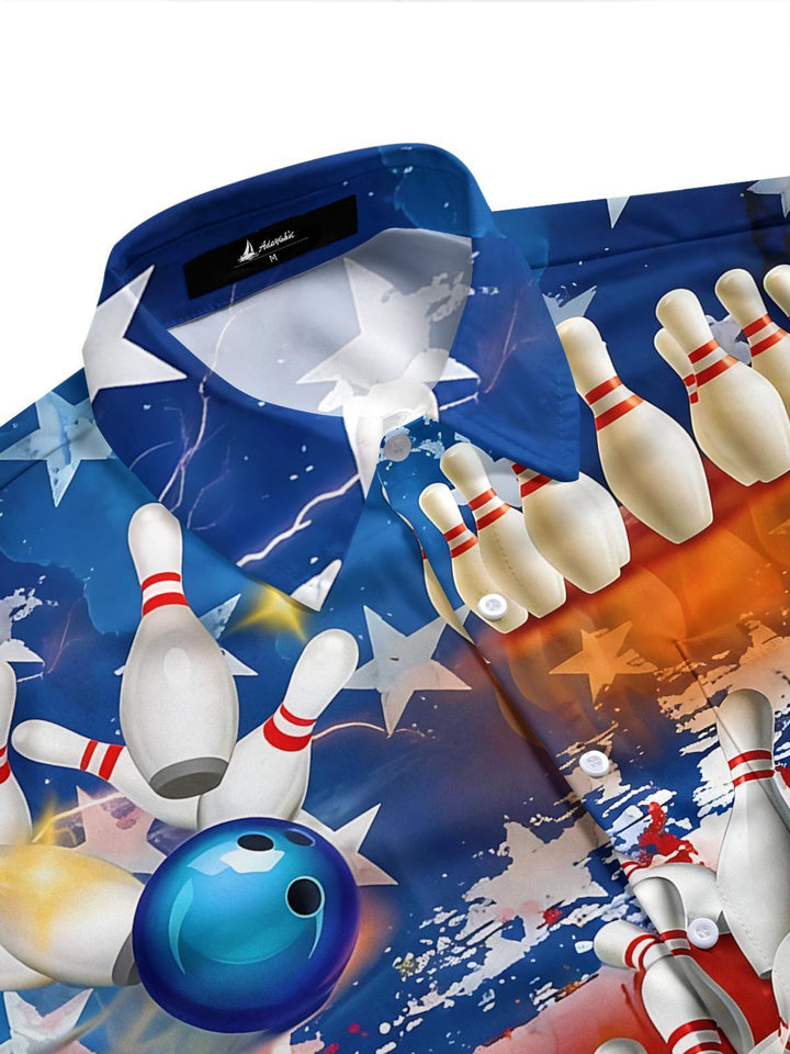 American Flag Bowling Print Men's Pocket Short Sleeve Shirts