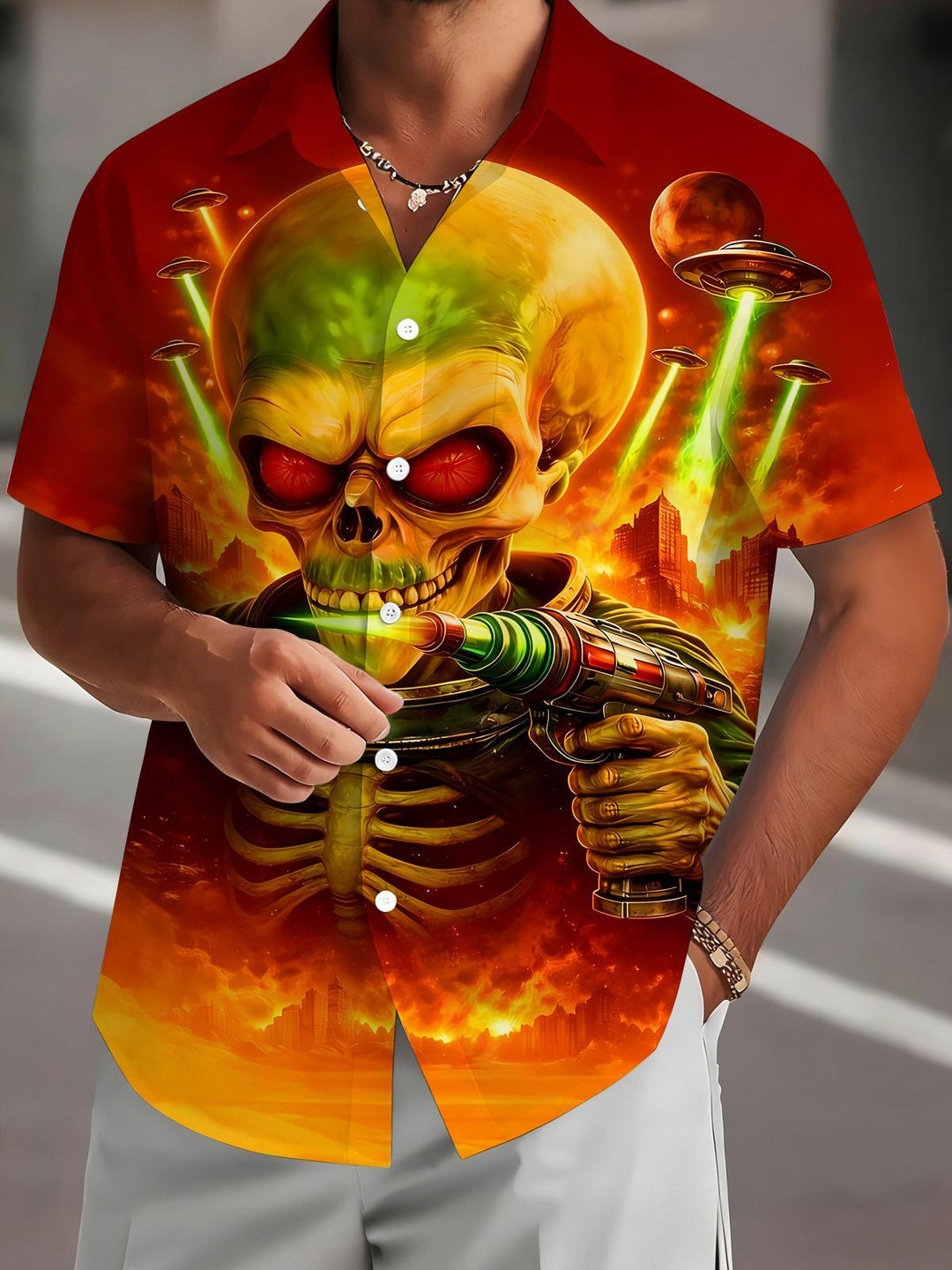 Fun Alien Skeleton Invasion Men's Pocket Short Sleeve Shirts