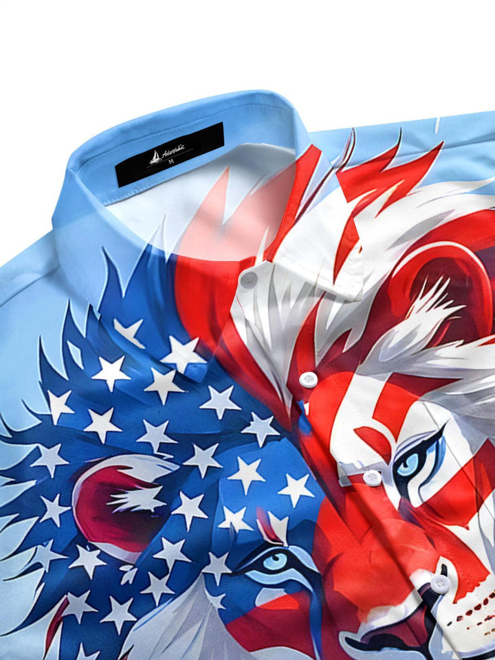 Independence Day American Flag Lion Men's Pocket Short Sleeve Shirts