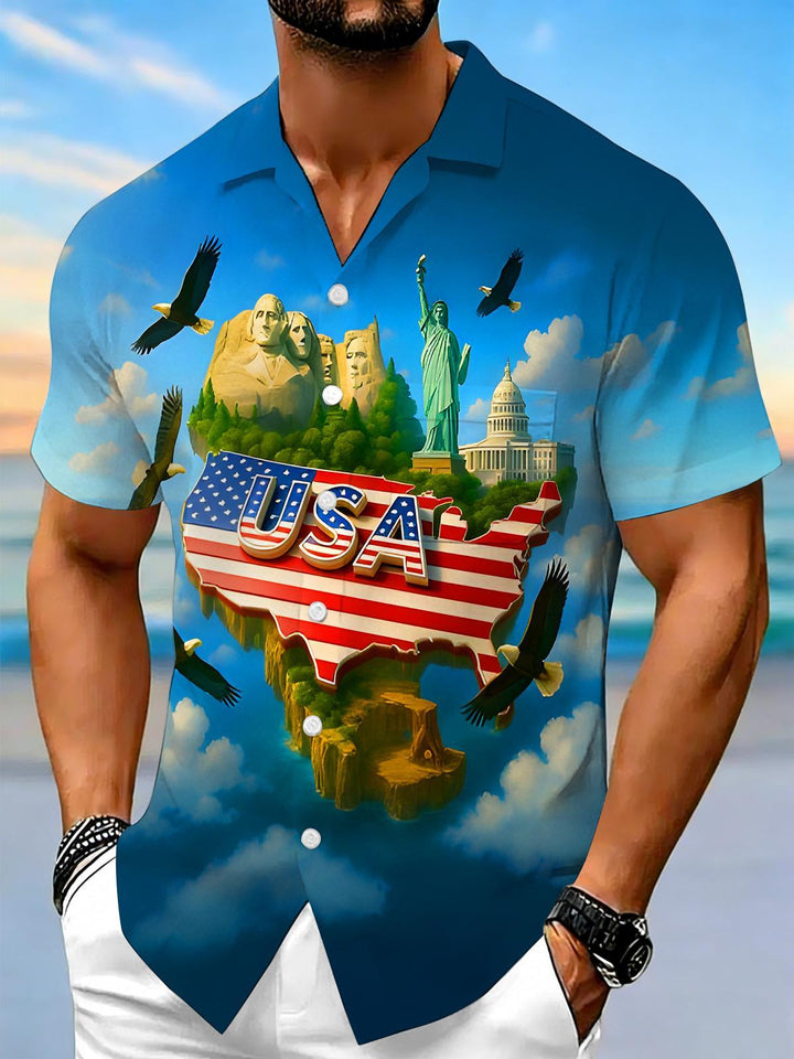 Independence Day American Landmarks Floating Island Men's Pocket Short Sleeve Shirts