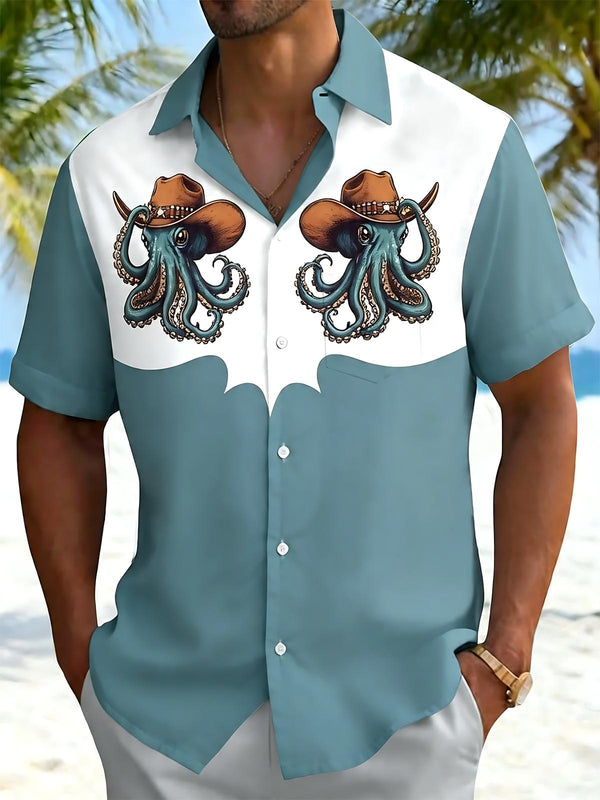 Western cowboy Octopus Print Men's Pocket Short Sleeve Shirts