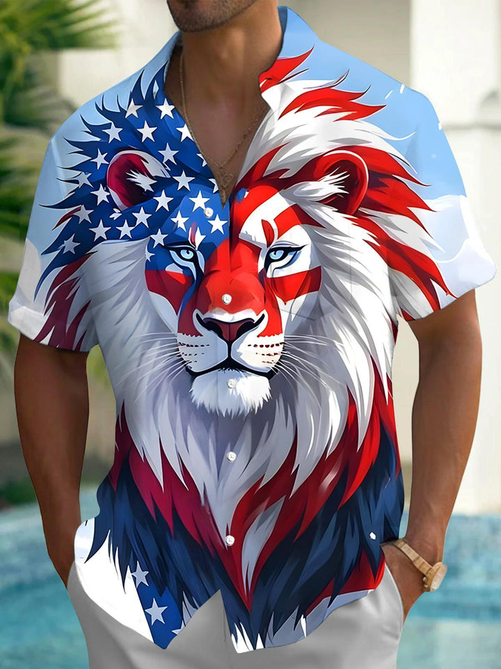 Independence Day American Flag Lion Men's Pocket Short Sleeve Shirts