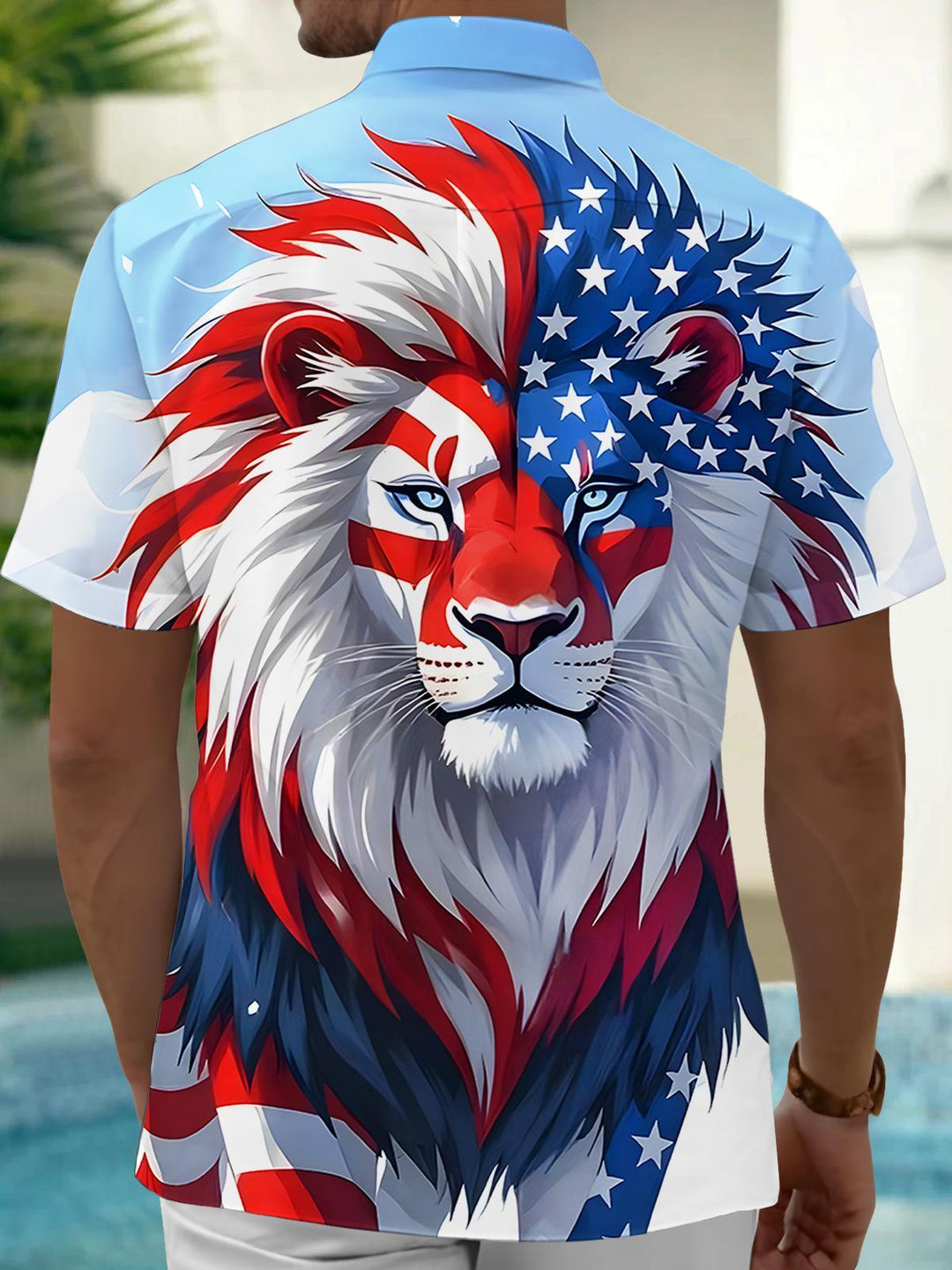 Independence Day American Flag Lion Men's Pocket Short Sleeve Shirts
