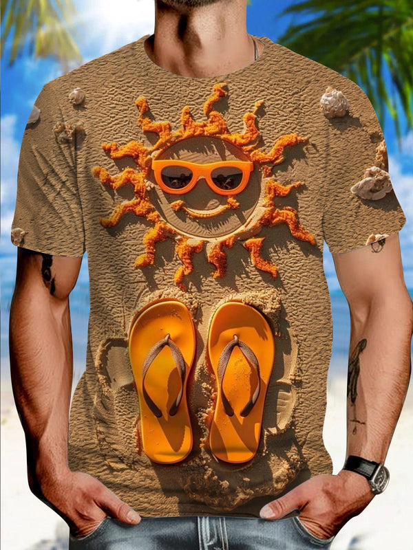 Beach Sun Flip Flops Print Round Neck Short Sleeve Men's T-shirt