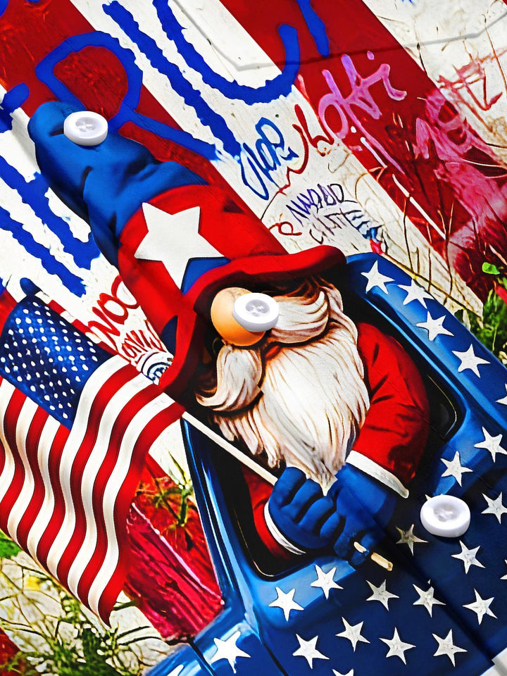 God Bless America Patriotic Flag Gnomes America Truck Independence Day Men's Pocket Short Sleeve Shirts