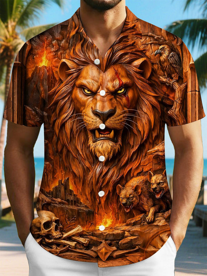 Wood Carving Flame Lion Men's Pocket Short Sleeve Shirts