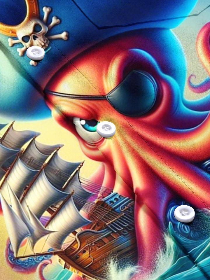 Pirate Octopus Boat Print Men's Pocket Short Sleeve Shirts