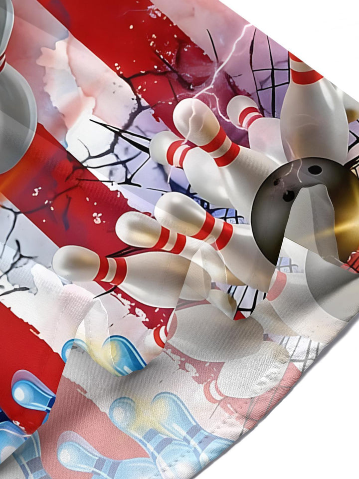 American Flag Bowling Print Men's Pocket Short Sleeve Shirts