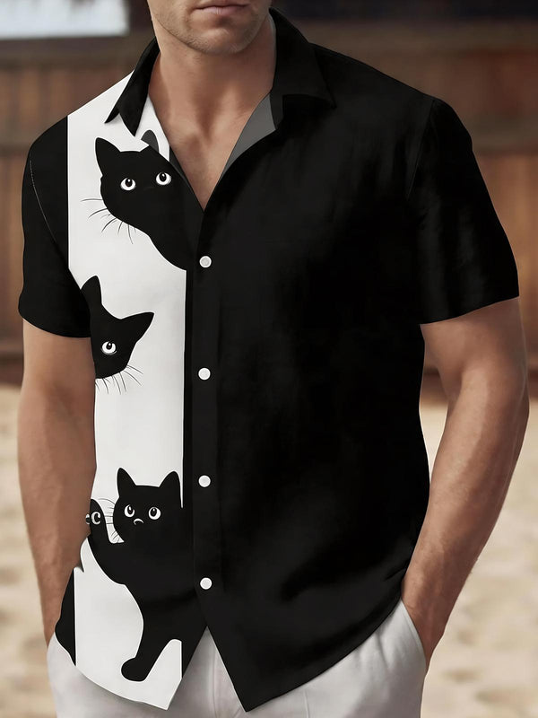 Black Cat Hawaiian Print Men's Pocket Short Sleeve Shirts