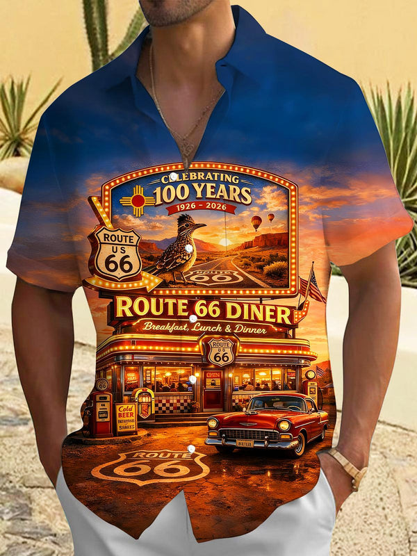 Retro Route 66 Diner Men's Pocket Short Sleeve Shirts