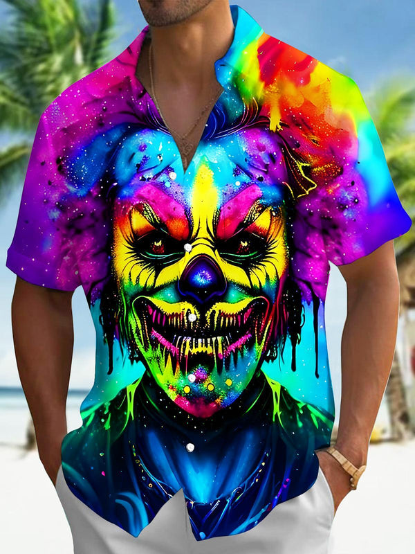 Fantasy Colorful Neon Horror Joker Men's Pocket Short Sleeve Shirts