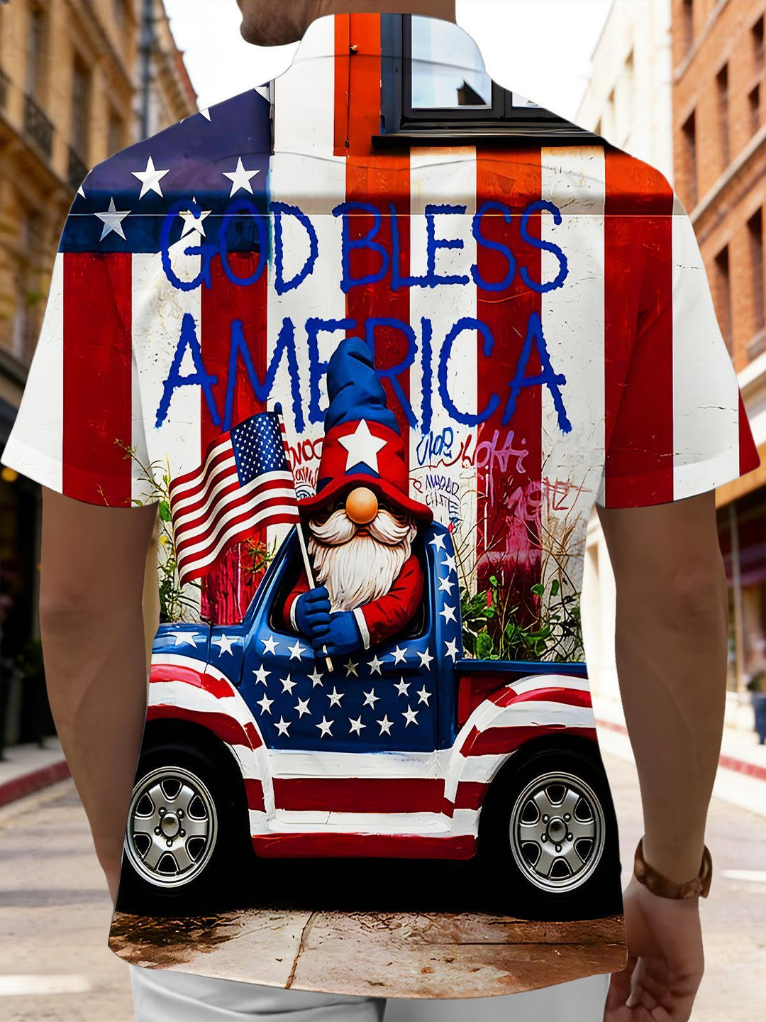 God Bless America Patriotic Flag Gnomes America Truck Independence Day Men's Pocket Short Sleeve Shirts