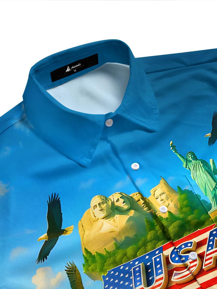 Independence Day American Landmarks Floating Island Men's Pocket Short Sleeve Shirts