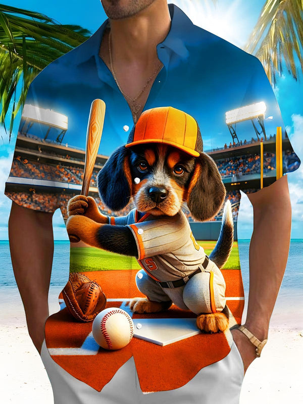 Fun Baseball Puppy Dog Men's Pocket Short Sleeve Shirts