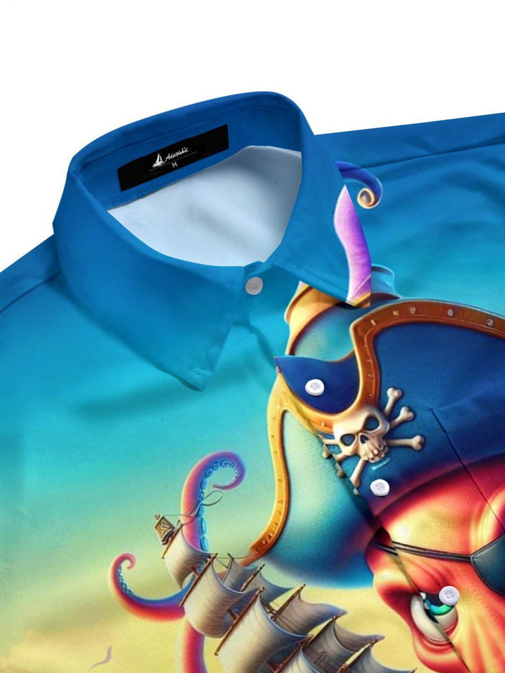 Pirate Octopus Boat Print Men's Pocket Short Sleeve Shirts