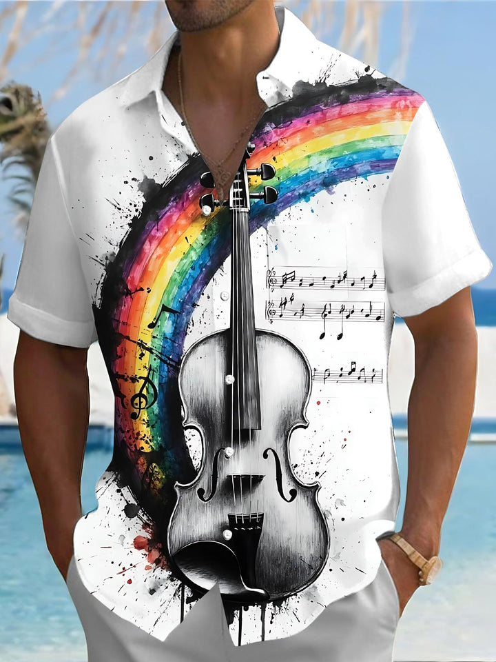 Violin Rainbow Note Print Men's Pocket Short Sleeve Shirts