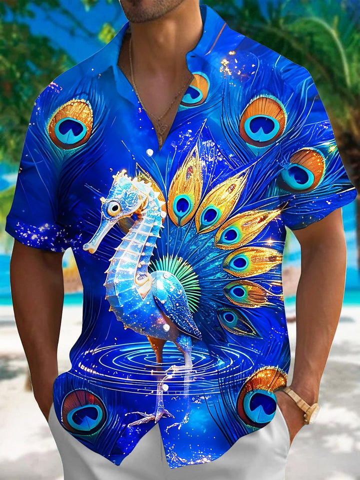 Peacock Seahorse Fantasy Art Men's Pocket Short Sleeve Shirts