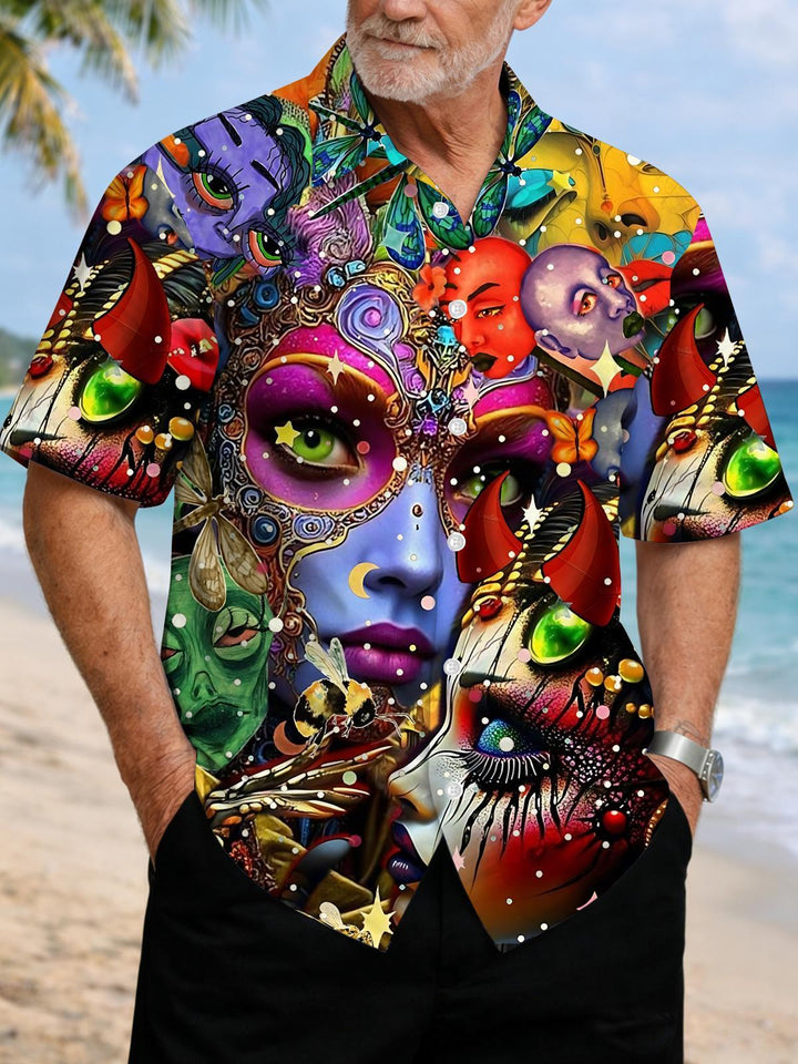 Abstract Face Print Men's Pocket Short Sleeve Shirts