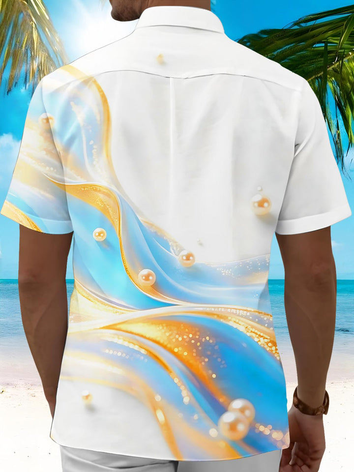 Blue Gold Water Ripple Pearl Fluid Art Men's Pocket Short Sleeve Shirts