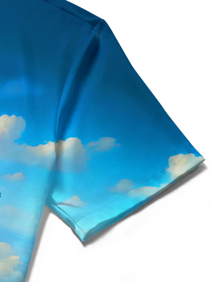 Independence Day American Landmarks Floating Island Men's Pocket Short Sleeve Shirts