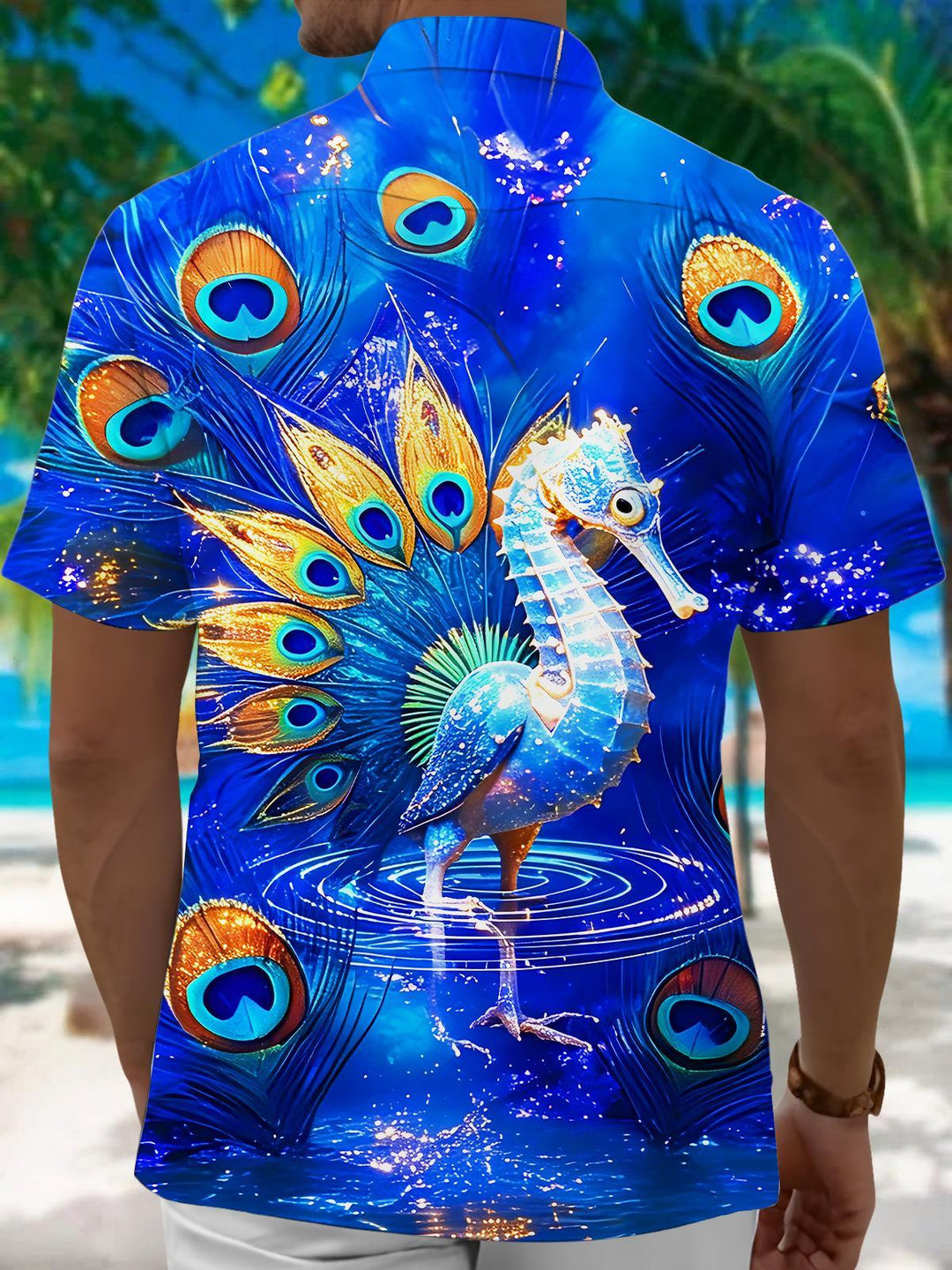 Peacock Seahorse Fantasy Art Men's Pocket Short Sleeve Shirts