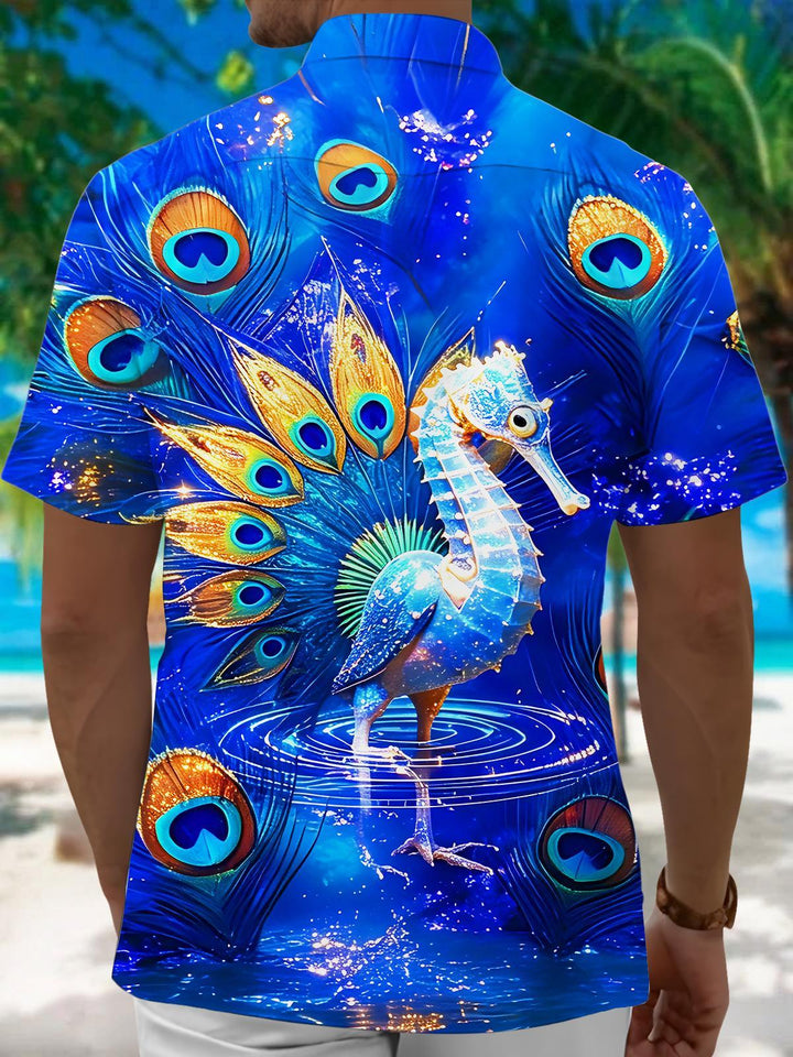 Peacock Seahorse Fantasy Art Men's Pocket Short Sleeve Shirts