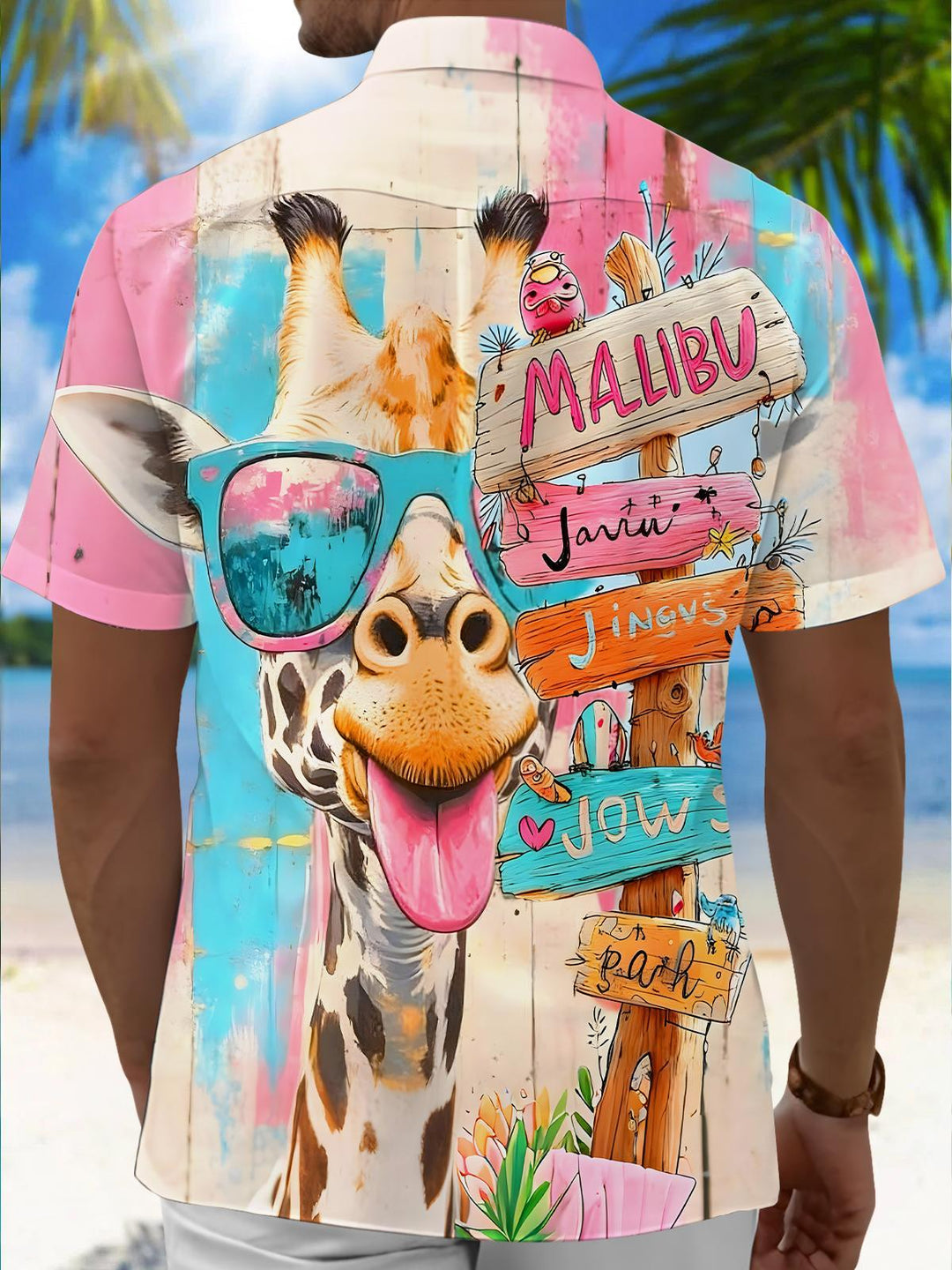 Hawaiian Malibu Giraffe Signpost Men's Pocket Short Sleeve Shirts