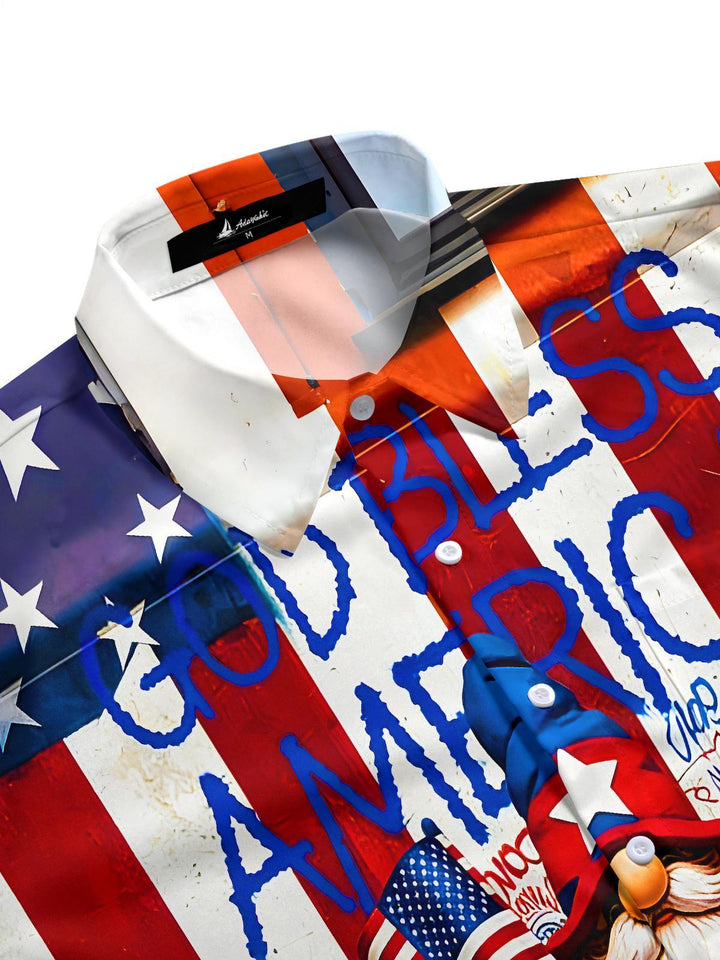 God Bless America Patriotic Flag Gnomes America Truck Independence Day Men's Pocket Short Sleeve Shirts