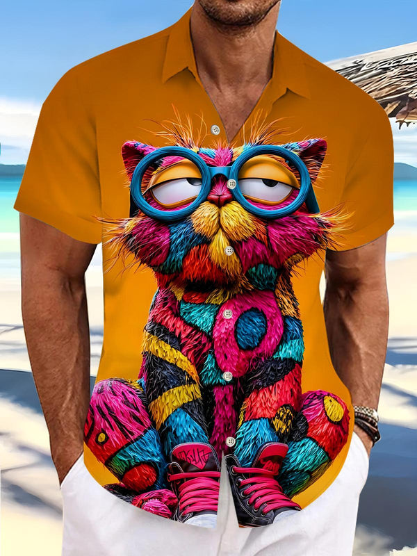 Fun Chill Cool Colorful Cat Men's Pocket Short Sleeve Shirts