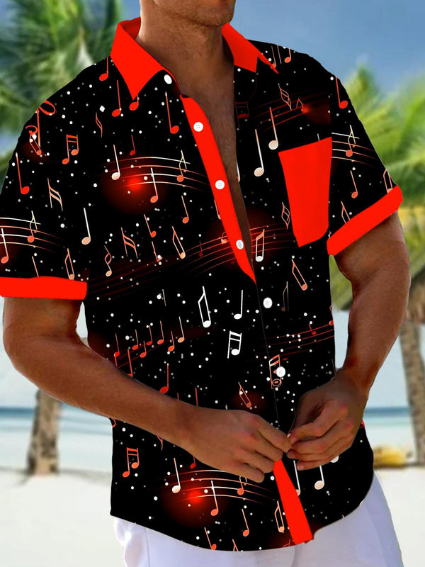 Musical Note Print Men's Pocket Short Sleeve Shirts