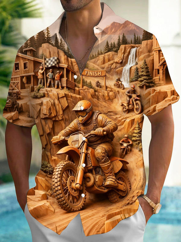Wood Carving Motocross Race Men's Pocket Short Sleeve Shirts