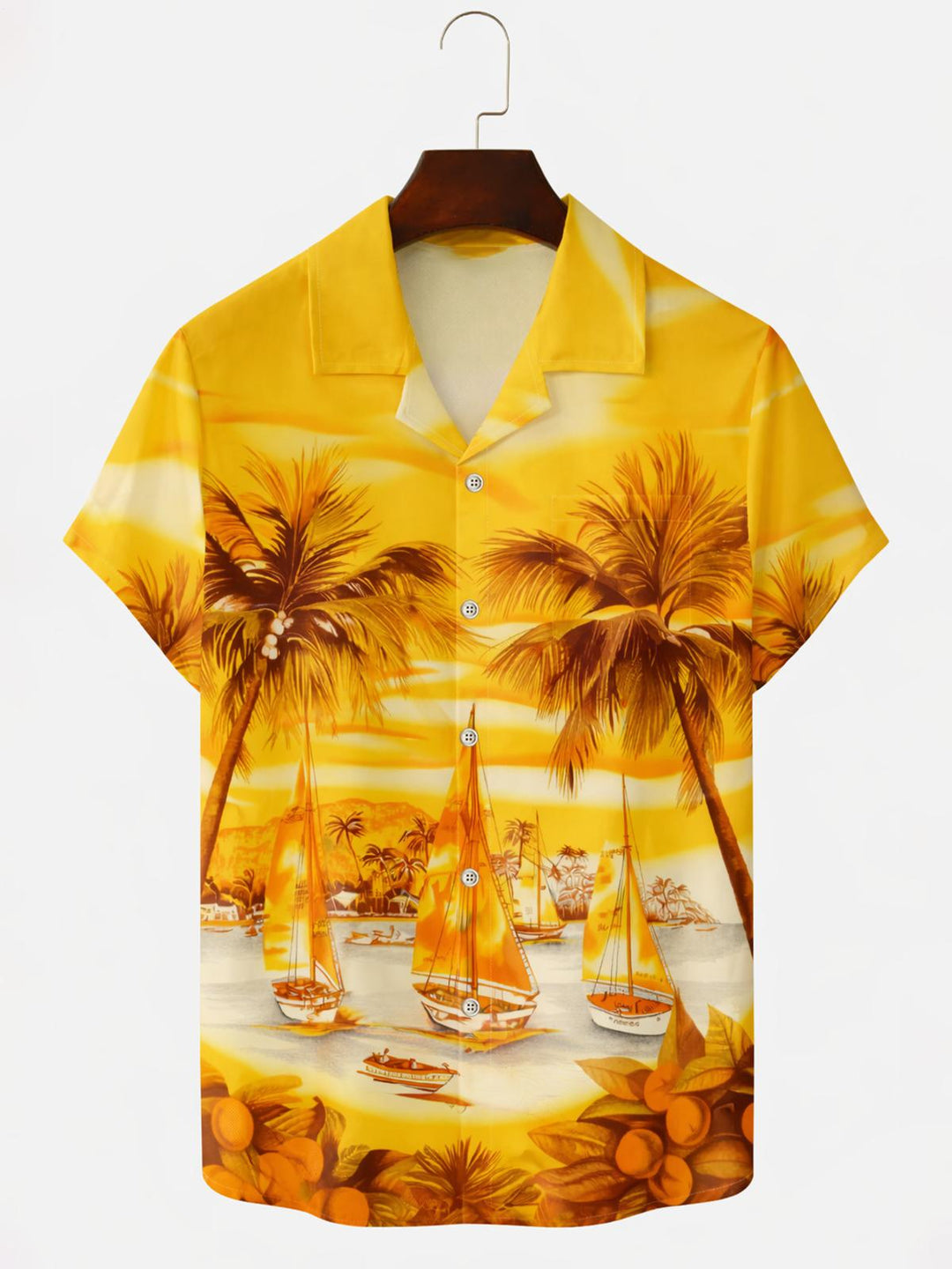 Golden Sunset Sailboat Palm Print Men's Pocket Cuban Collar Short Sleeve Shirt