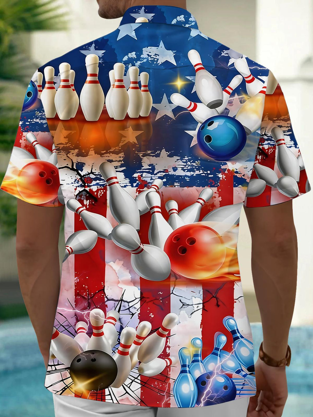 American Flag Bowling Print Men's Pocket Short Sleeve Shirts