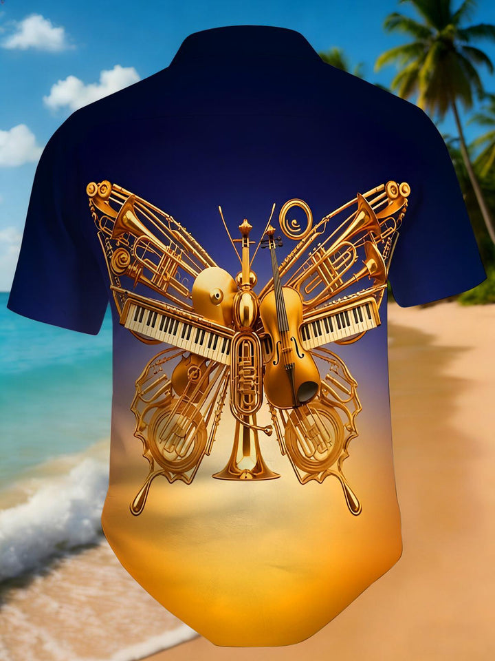 Golden Butterfly Composed Of Musical Instruments Men's Pocket Short Sleeve Shirts