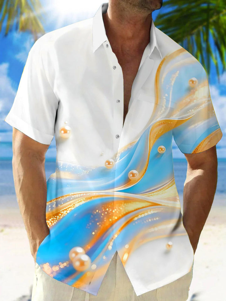 Blue Gold Water Ripple Pearl Fluid Art Men's Pocket Short Sleeve Shirts
