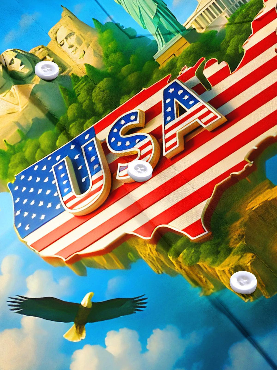 Independence Day American Landmarks Floating Island Men's Pocket Short Sleeve Shirts