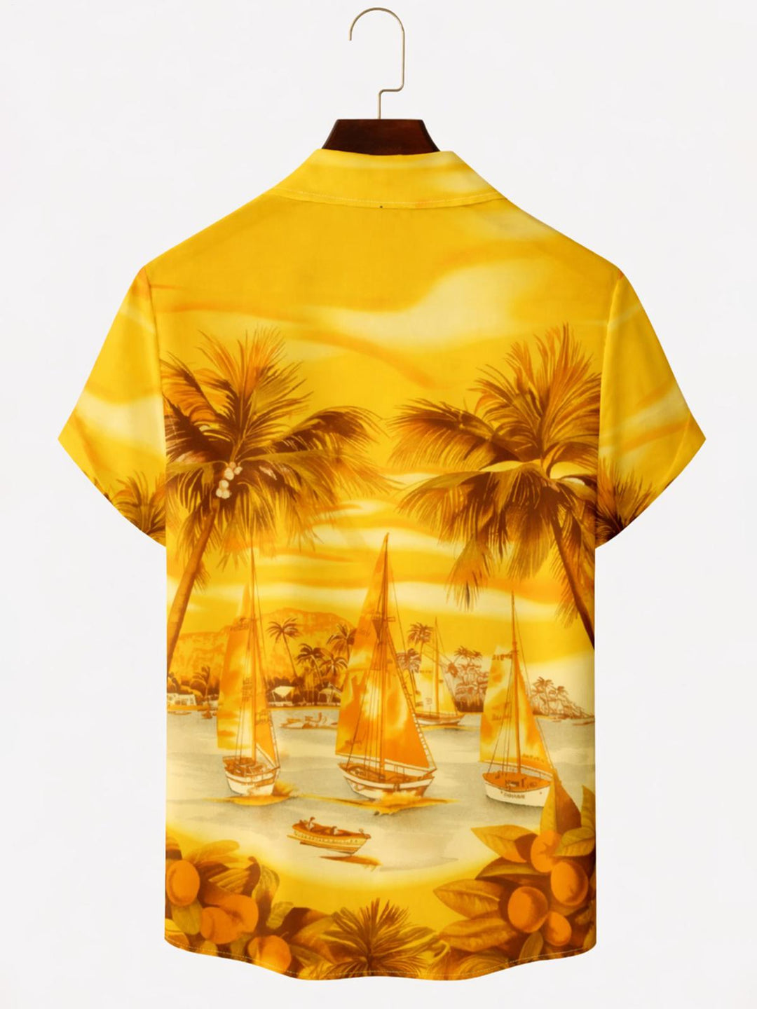 Golden Sunset Sailboat Palm Print Men's Pocket Cuban Collar Short Sleeve Shirt