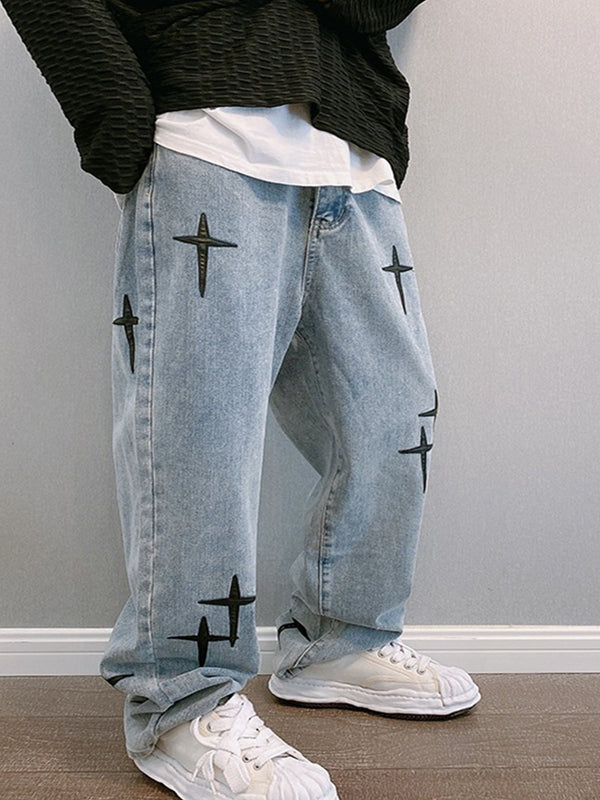 Hip Hop Cross Printed Denim Men's Casual Pants